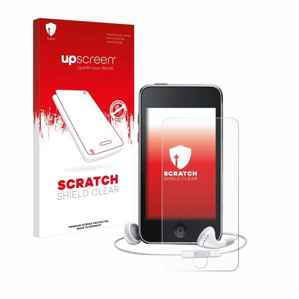 Face avant d’un emballage produit avec le logo de la marque upscreen. À côté, l’appareil Apple iPod Touch (3ème Gen.) est repr