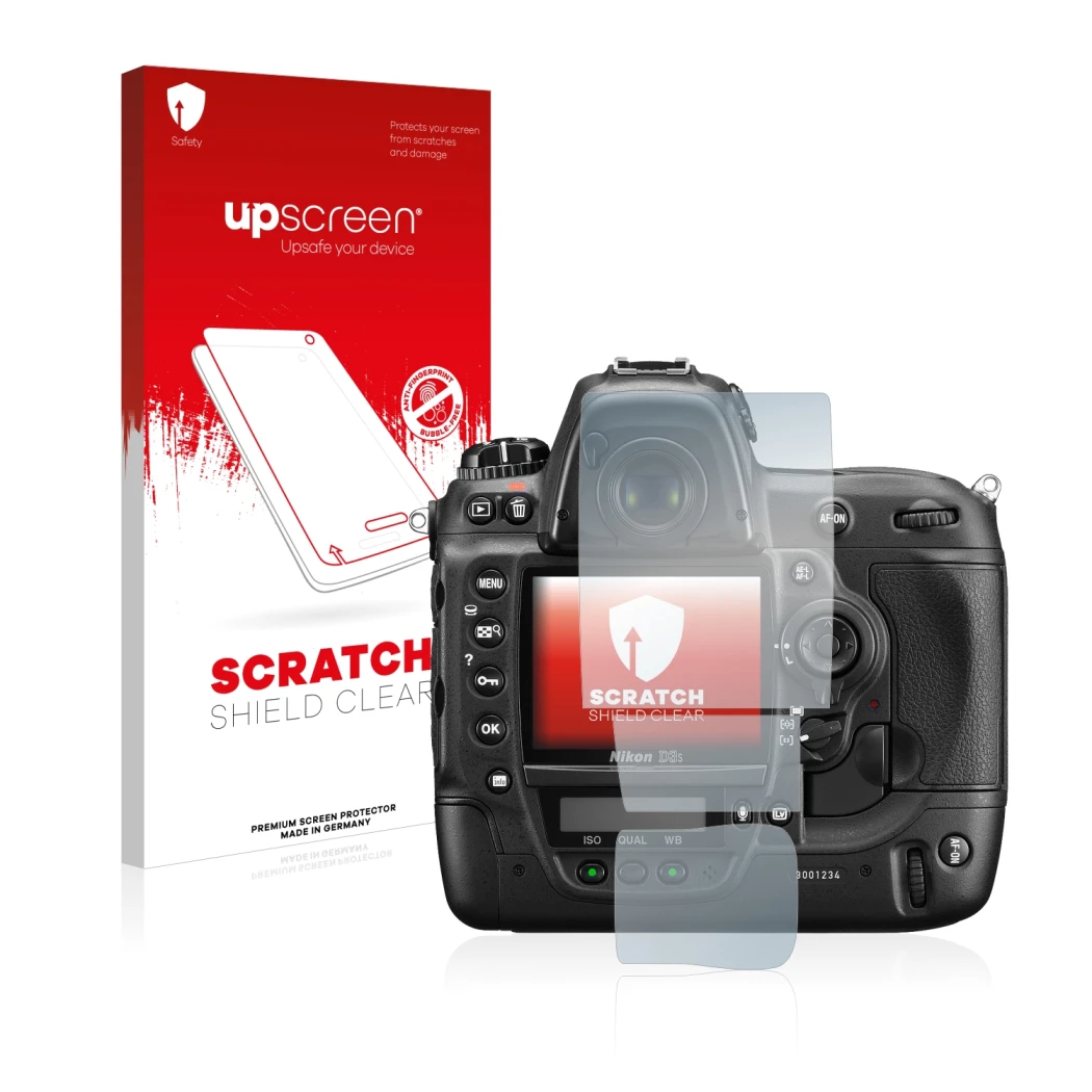 Face avant d’un emballage produit avec le logo de la marque upscreen. À côté, l’appareil Nikon D3S est représenté avec la prot
