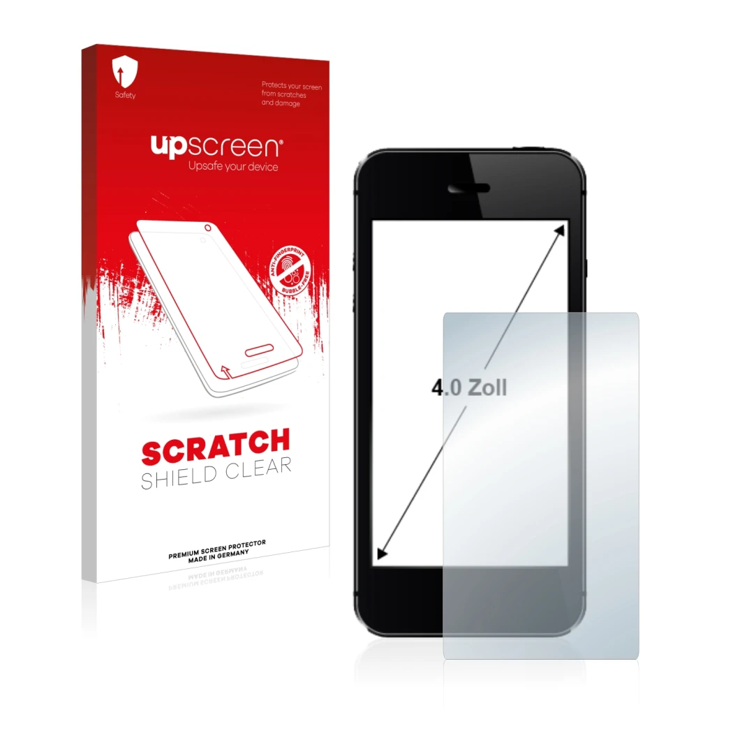 Face avant d’un emballage produit avec le logo de la marque upscreen. À côté, l’appareil est représenté avec la protection d’é