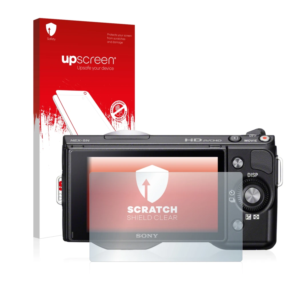 Face avant d’un emballage produit avec le logo de la marque upscreen. À côté, l’appareil Sony Alpha NEX-5 est représenté avec 