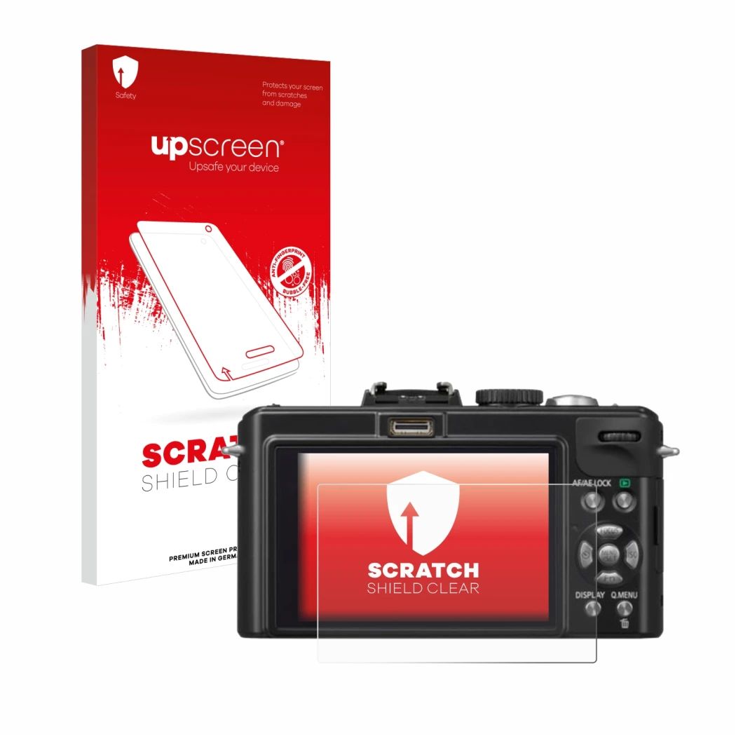 Face avant d’un emballage produit avec le logo de la marque upscreen. À côté, l’appareil Panasonic Lumix DMC-LX5 est représent