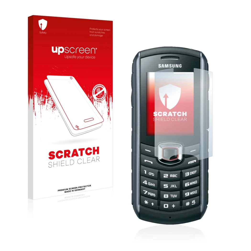 Face avant d’un emballage produit avec le logo de la marque upscreen. À côté, l’appareil Samsung B2710 est représenté avec la 