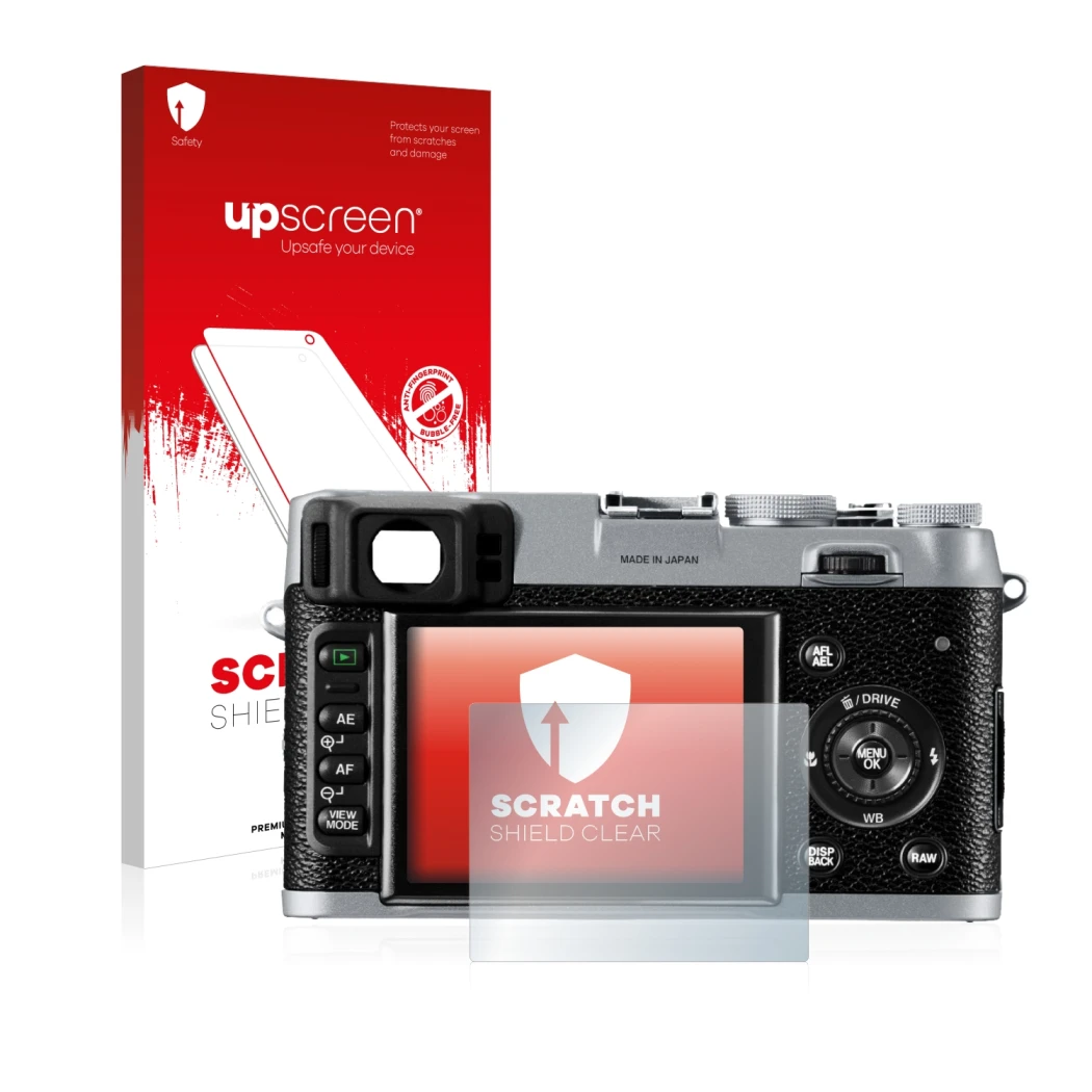 Face avant d’un emballage produit avec le logo de la marque upscreen. À côté, l’appareil Fujifilm FinePix X100 est représenté