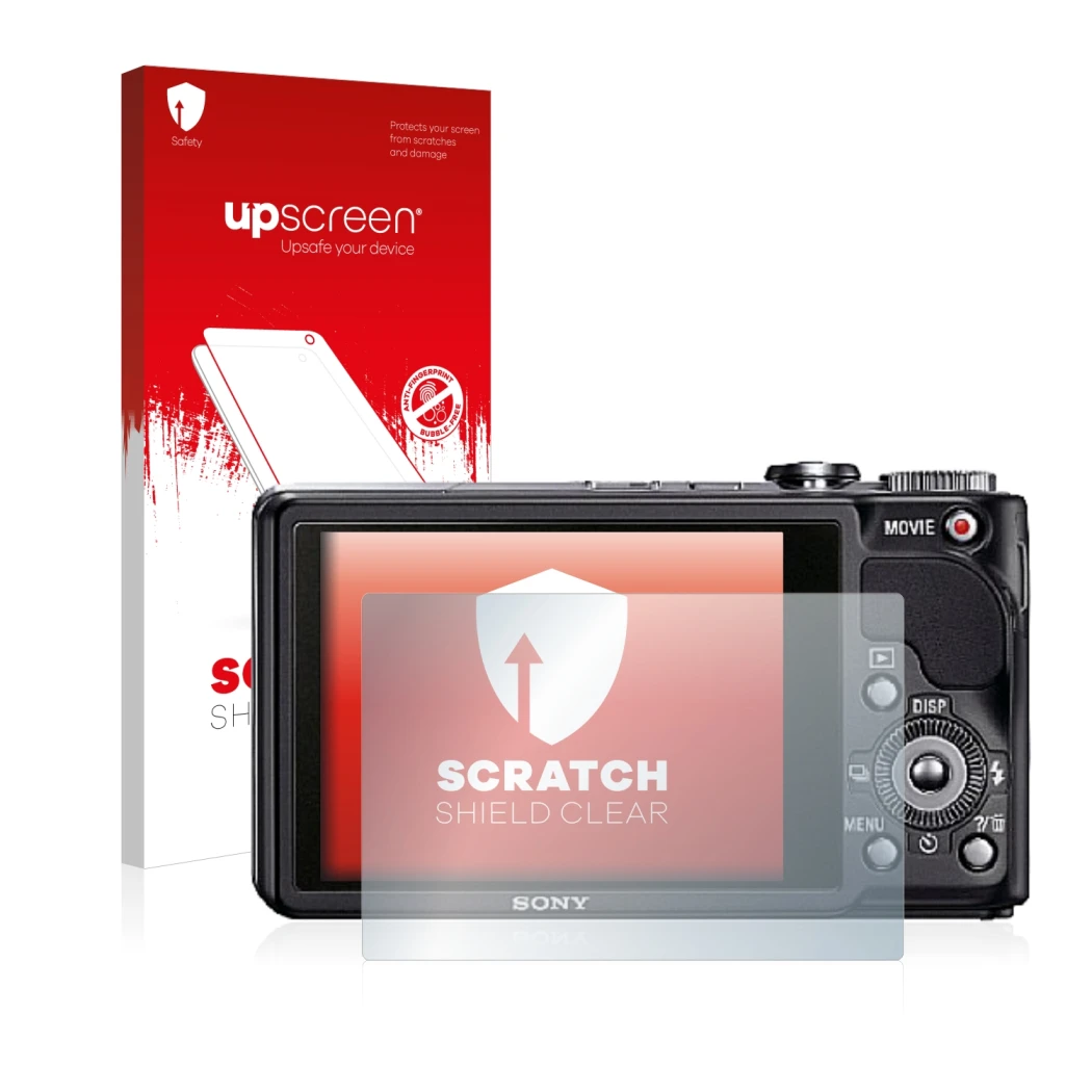 Face avant d’un emballage produit avec le logo de la marque upscreen. À côté, l’appareil Sony Cyber-Shot DSC-HX9V est représen
