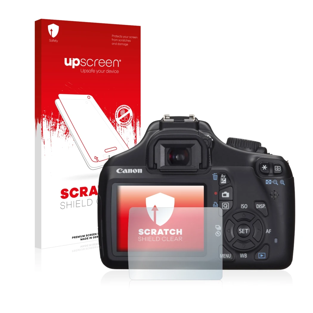 Face avant d’un emballage produit avec le logo de la marque upscreen. À côté, l’appareil Canon EOS 1100D est représenté avec l