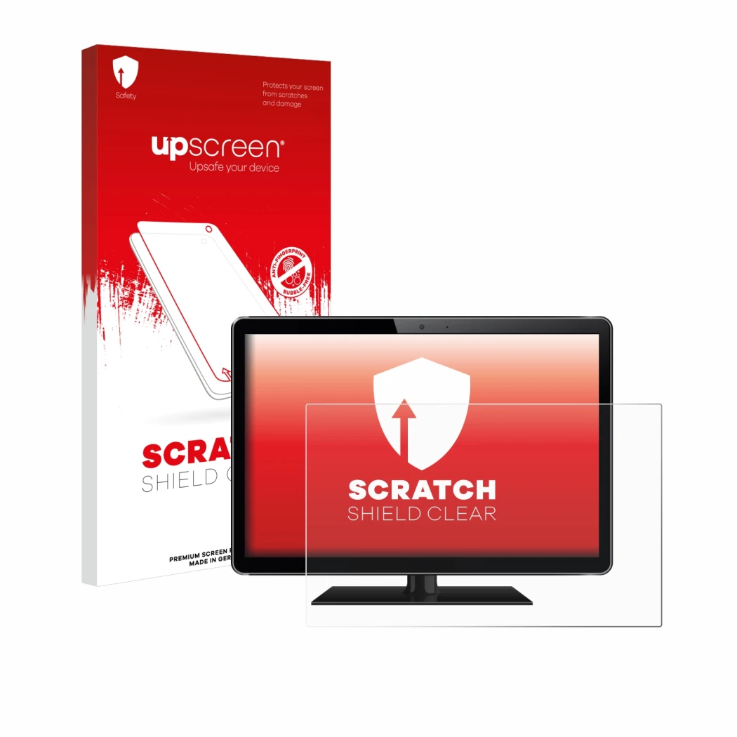 Face avant d’un emballage produit avec le logo de la marque upscreen. À côté, l’appareil est représenté avec la protection d’é