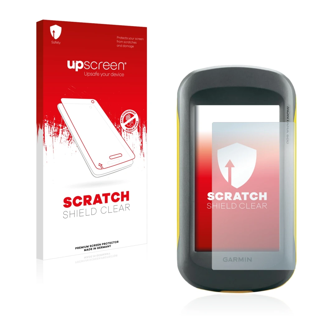 Face avant d’un emballage produit avec le logo de la marque upscreen. À côté, l’appareil Garmin Montana 600 est représenté ave