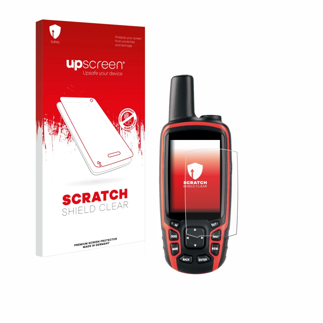 Face avant d’un emballage produit avec le logo de la marque upscreen. À côté, l’appareil Garmin Astro 320 est représenté avec 