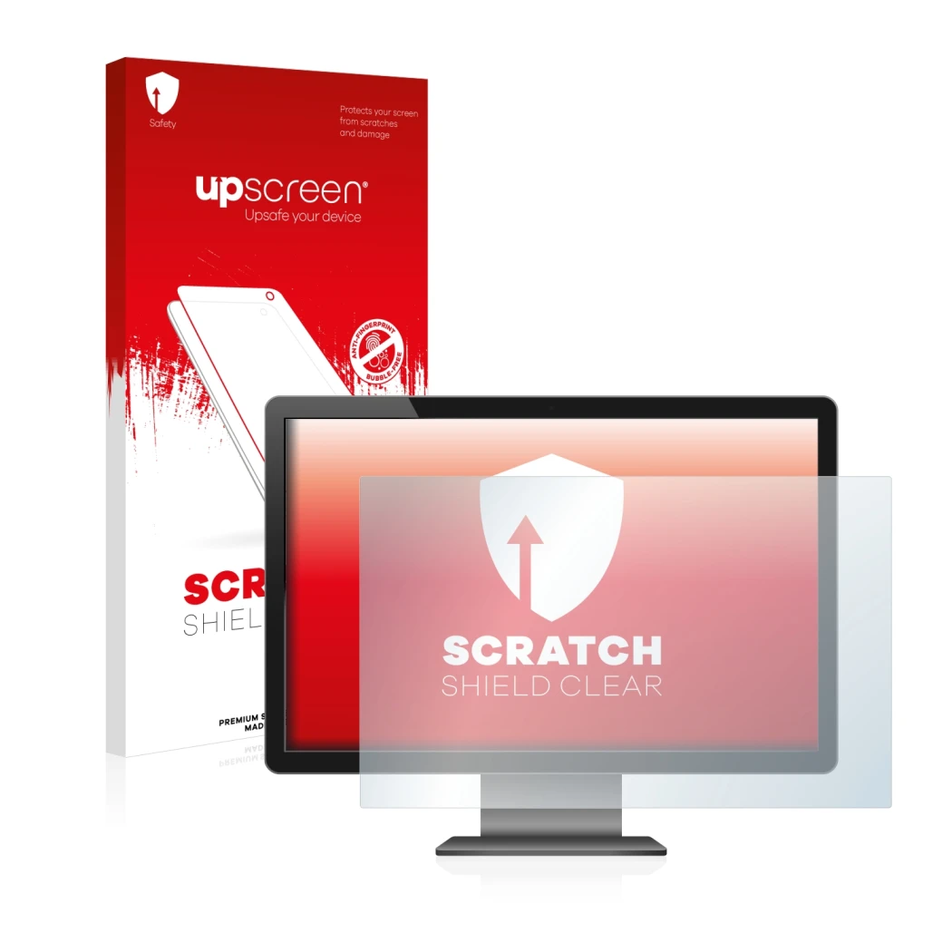 Face avant d’un emballage produit avec le logo de la marque upscreen. À côté, l’appareil est représenté avec la protection d’é