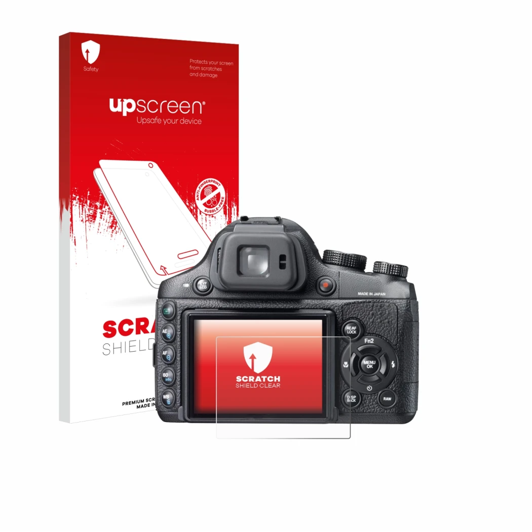 Face avant d’un emballage produit avec le logo de la marque upscreen. À côté, l’appareil Fujifilm FinePix X-S1 est représenté