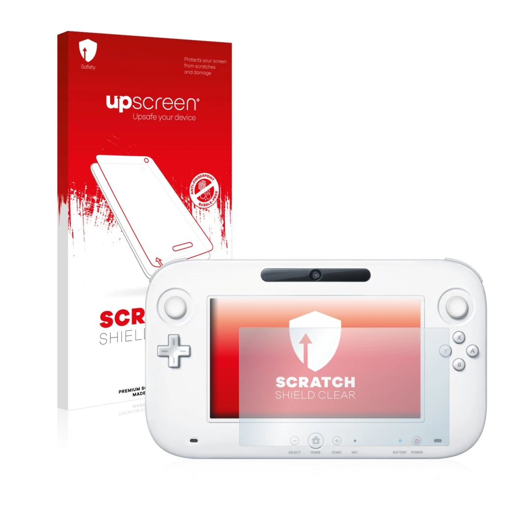 Face avant d’un emballage produit avec le logo de la marque upscreen. À côté, l’appareil Nintendo Wii U GamePad (Controller) e