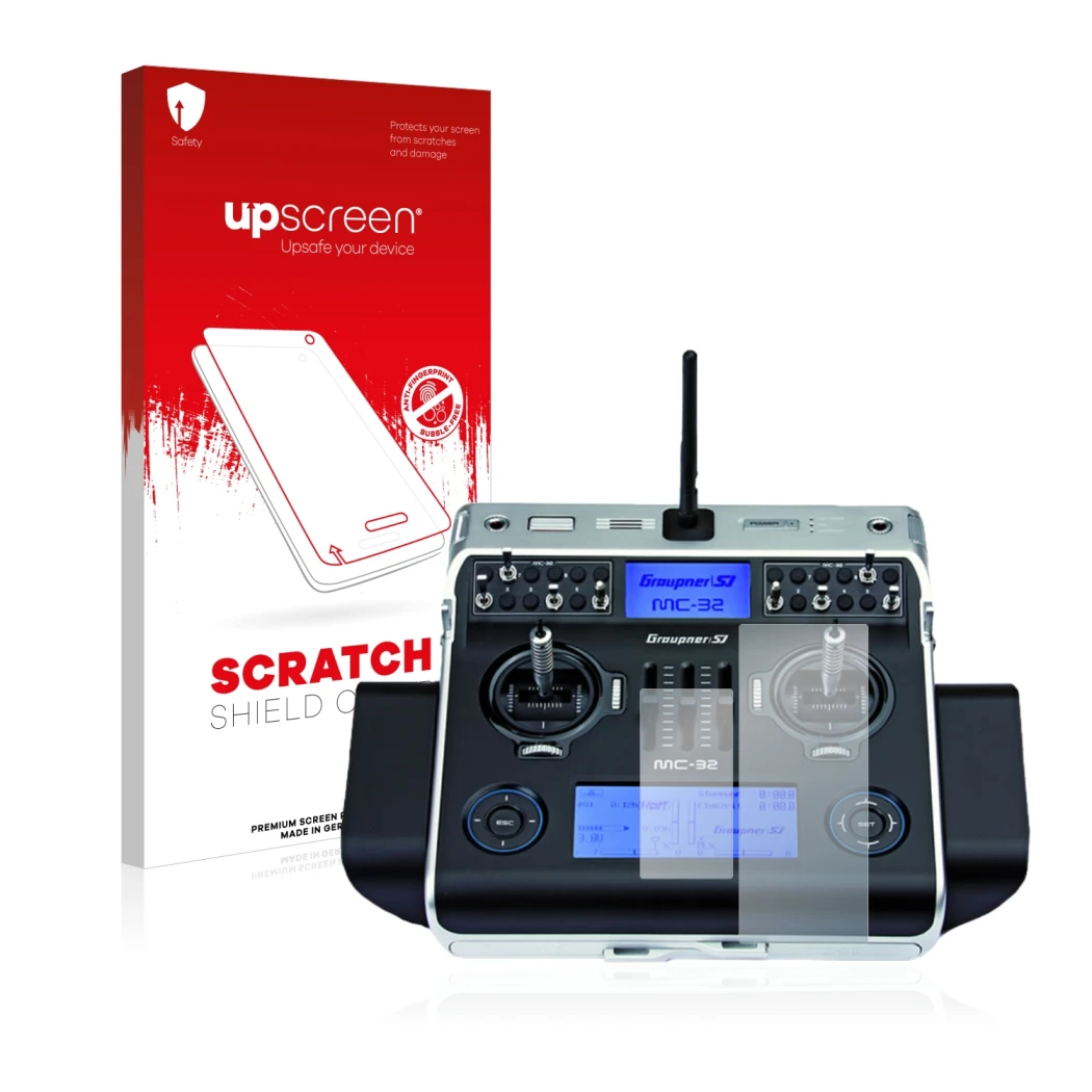 Face avant d’un emballage produit avec le logo de la marque upscreen. À côté, l’appareil Graupner MC-32 HoTT est représenté av
