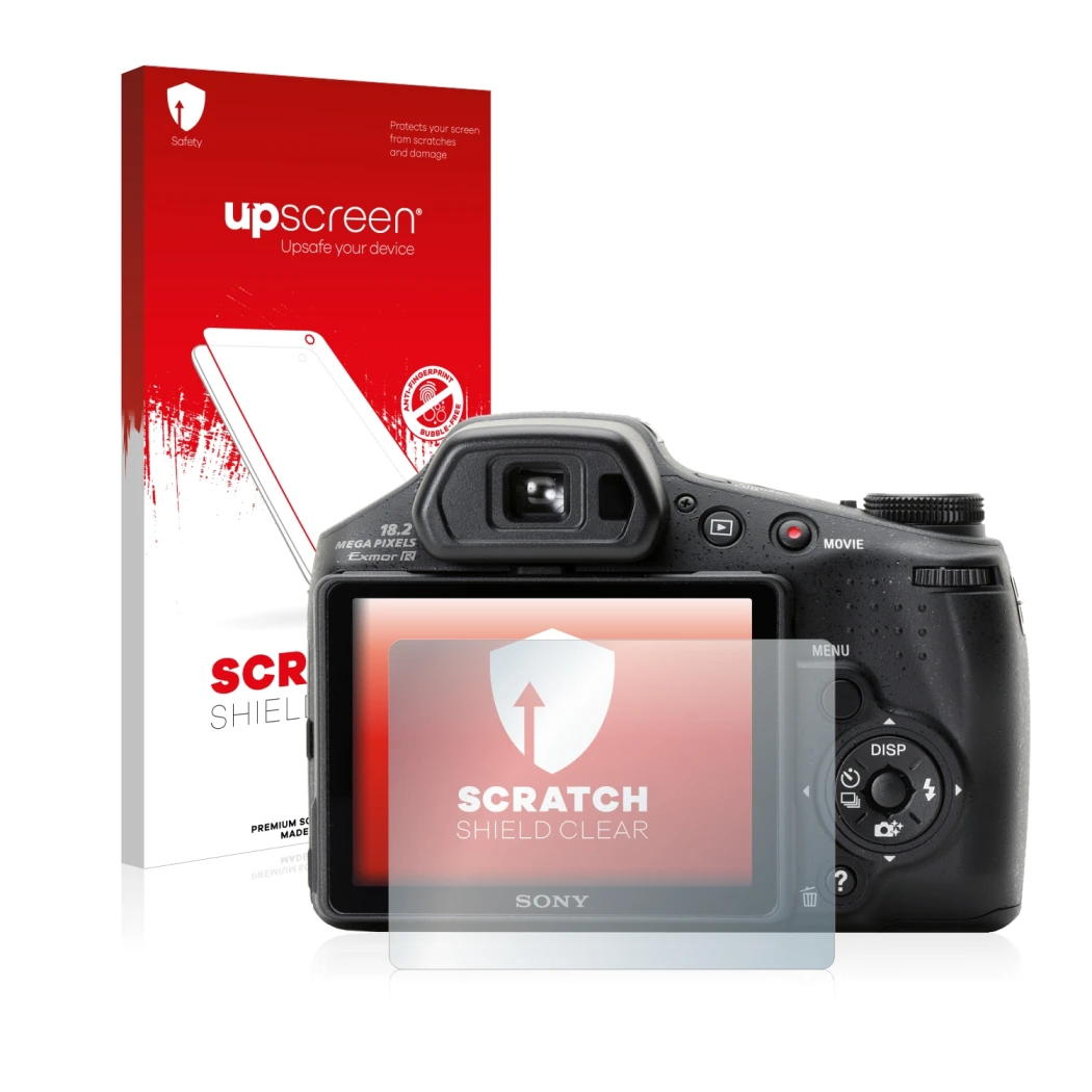 Face avant d’un emballage produit avec le logo de la marque upscreen. À côté, l’appareil Sony Cyber-Shot DSC-HX200V est représ