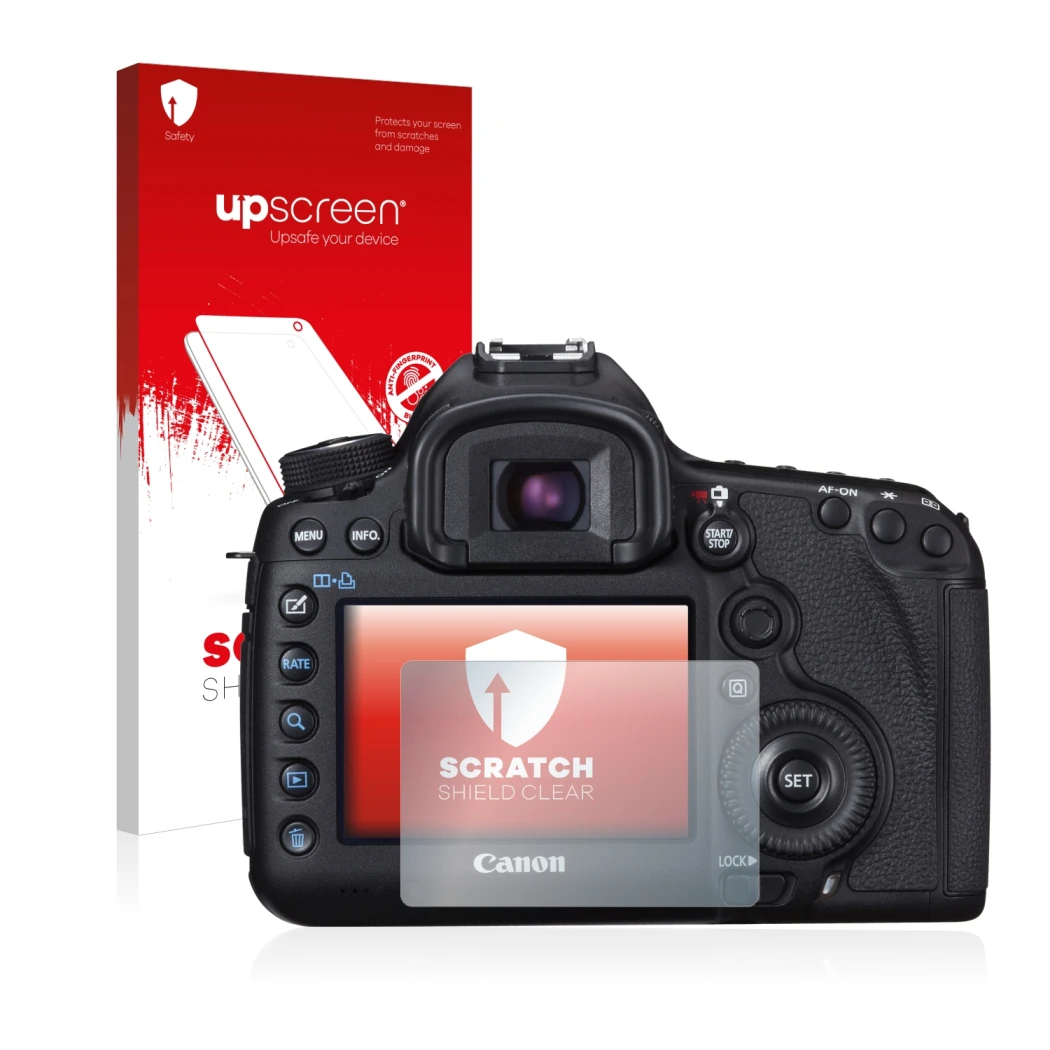 Face avant d’un emballage produit avec le logo de la marque upscreen. À côté, l’appareil Canon EOS 5D Mark III est représenté