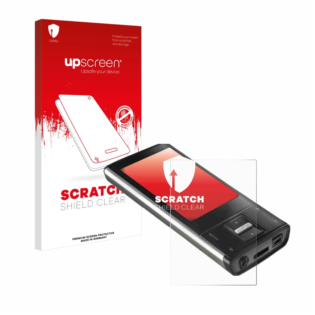 Face avant d’un emballage produit avec le logo de la marque upscreen. À côté, l’appareil Intenso Video Shooter 2,4