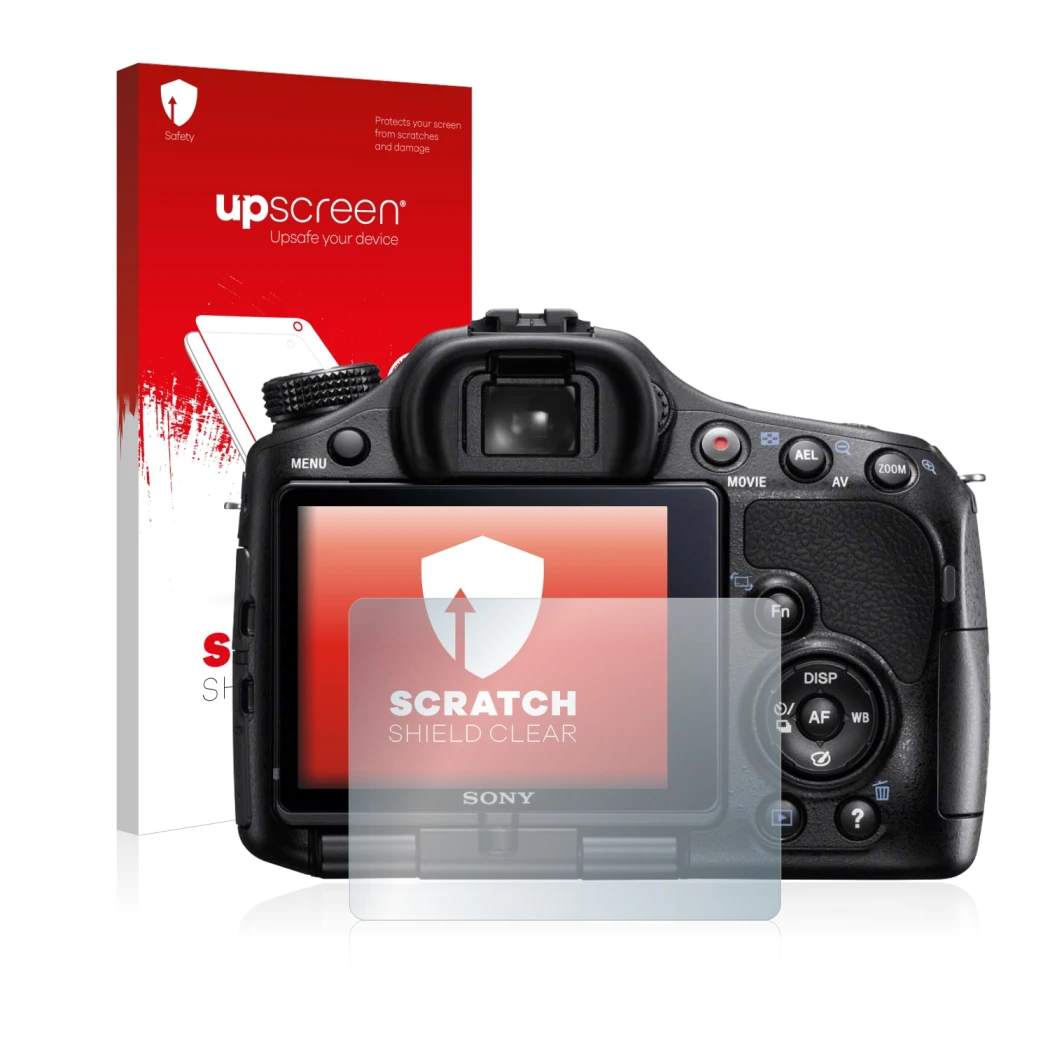 Face avant d’un emballage produit avec le logo de la marque upscreen. À côté, l’appareil Sony Alpha 57 (SLT-A57) est représent