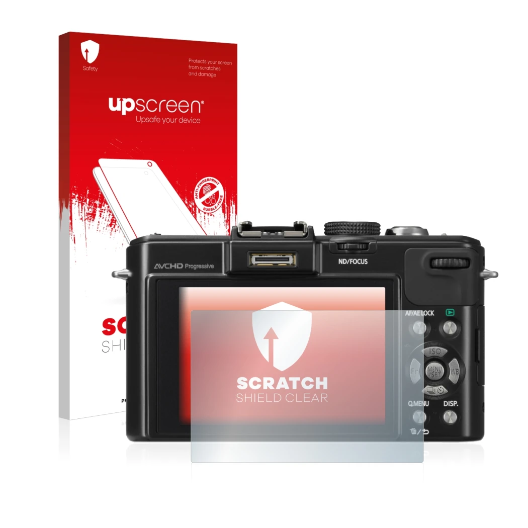 Face avant d’un emballage produit avec le logo de la marque upscreen. À côté, l’appareil Panasonic Lumix DMC-LX7 est représent