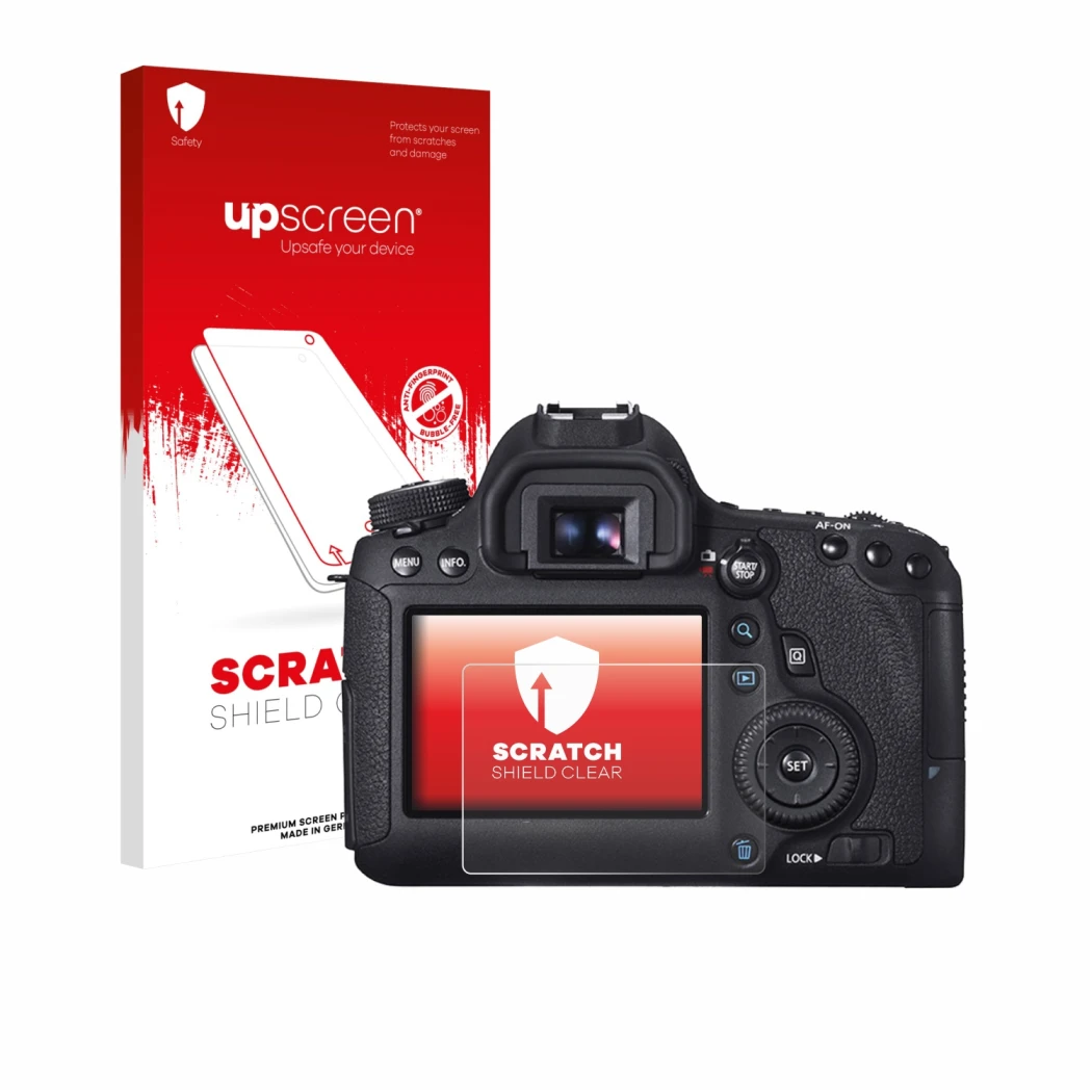 Face avant d’un emballage produit avec le logo de la marque upscreen. À côté, l’appareil Canon EOS 6D est représenté avec la p