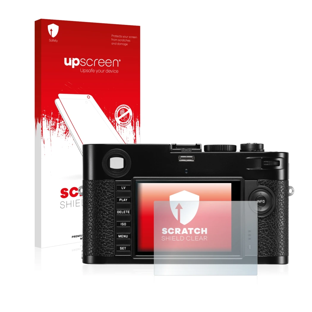 Face avant d’un emballage produit avec le logo de la marque upscreen. À côté, l’appareil Leica M (Typ 240) est représenté avec