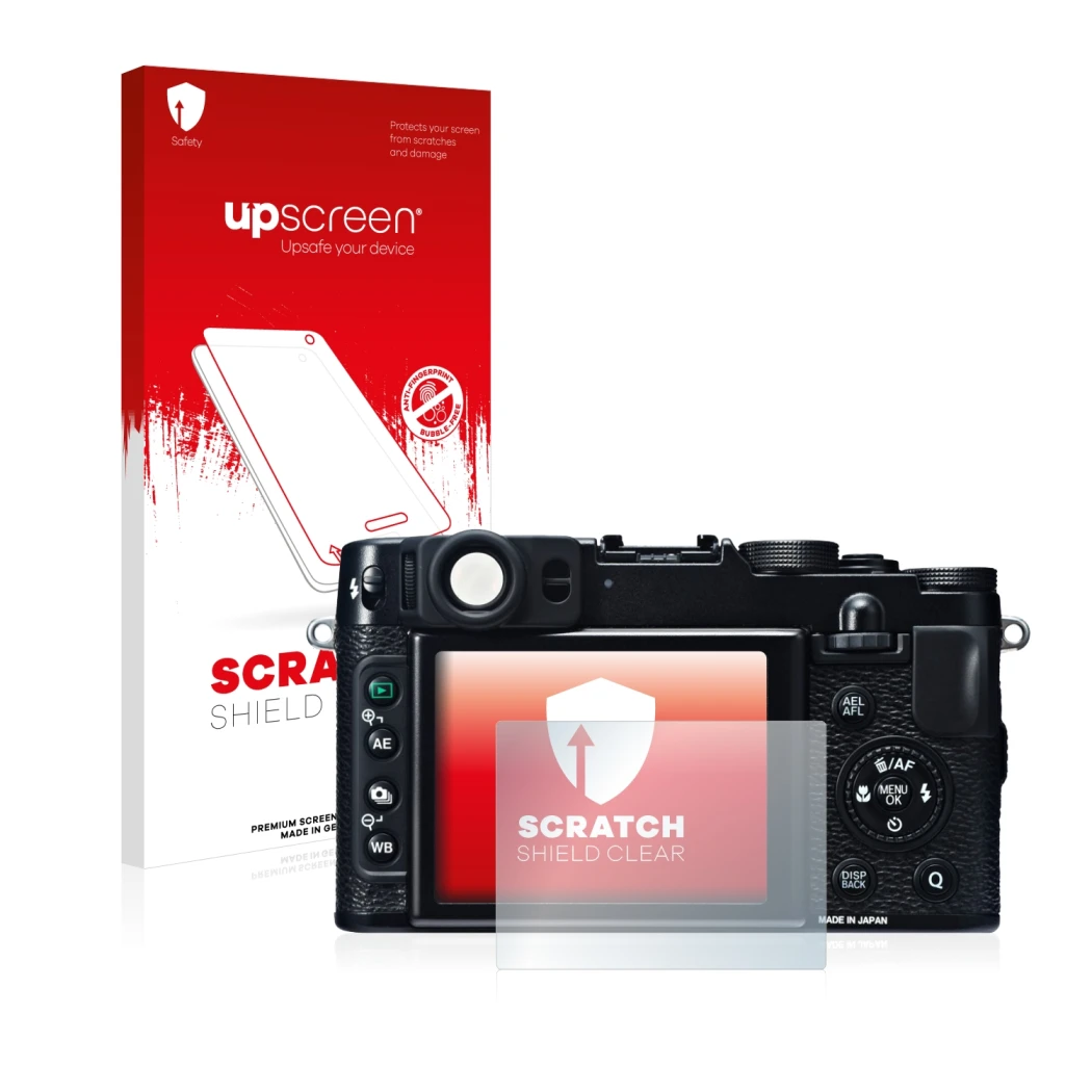 Face avant d’un emballage produit avec le logo de la marque upscreen. À côté, l’appareil Fujifilm X20 est représenté avec la p