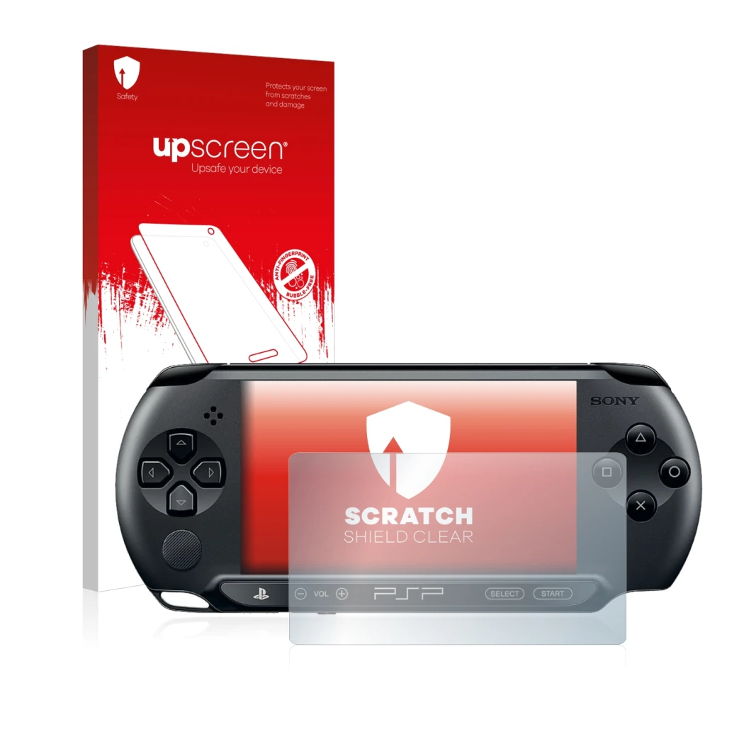 Face avant d’un emballage produit avec le logo de la marque upscreen. À côté, l’appareil Sony PSP 1004 est représenté avec la