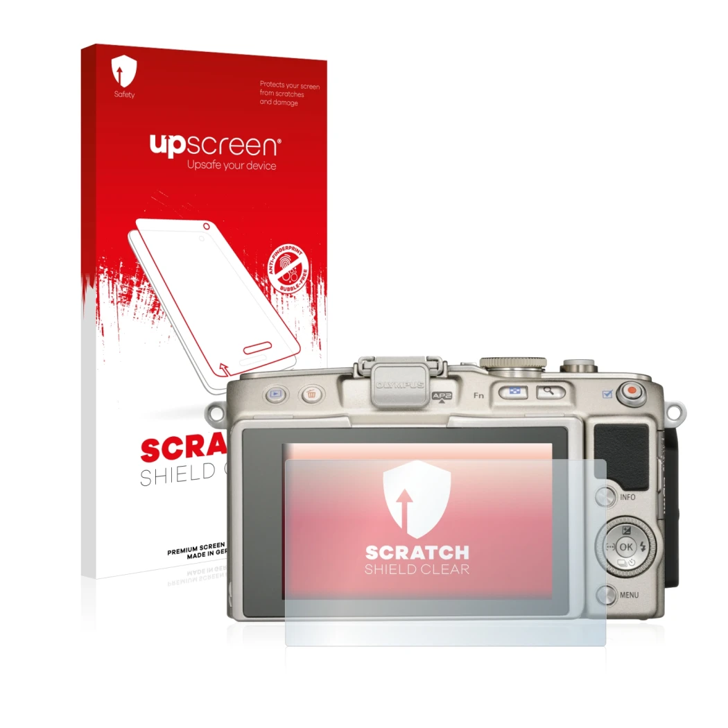 Face avant d’un emballage produit avec le logo de la marque upscreen. À côté, l’appareil Olympus PEN E-PL6 est représenté avec