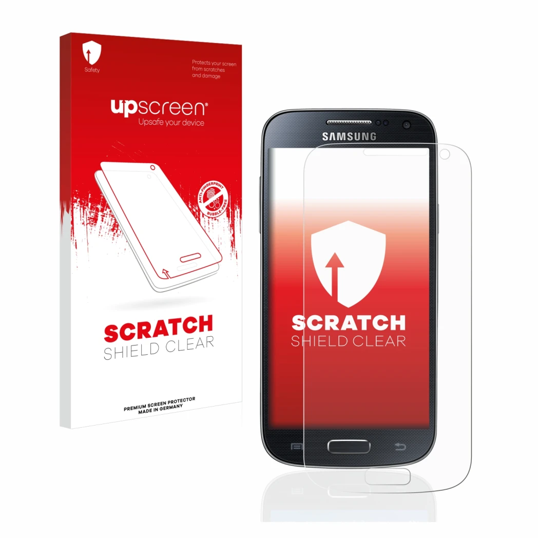 Face avant d’un emballage produit avec le logo de la marque upscreen. À côté, l’appareil Samsung Galaxy S4 Mini est représenté