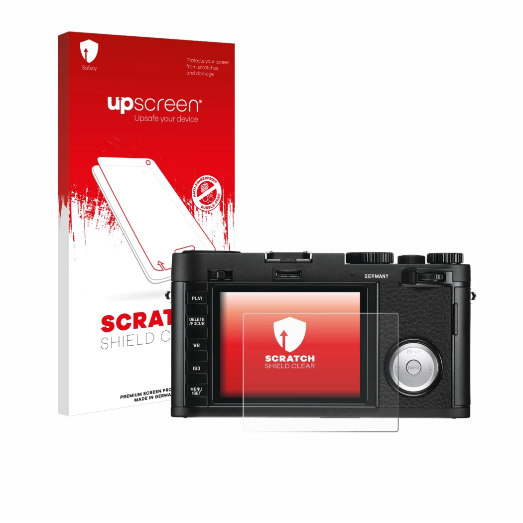 Face avant d’un emballage produit avec le logo de la marque upscreen. À côté, l’appareil Leica X Vario est représenté avec la