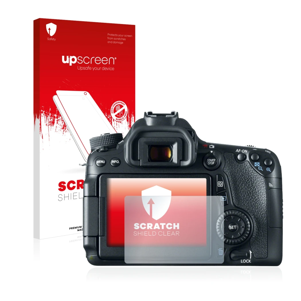Face avant d’un emballage produit avec le logo de la marque upscreen. À côté, l’appareil Canon EOS 70D est représenté avec la
