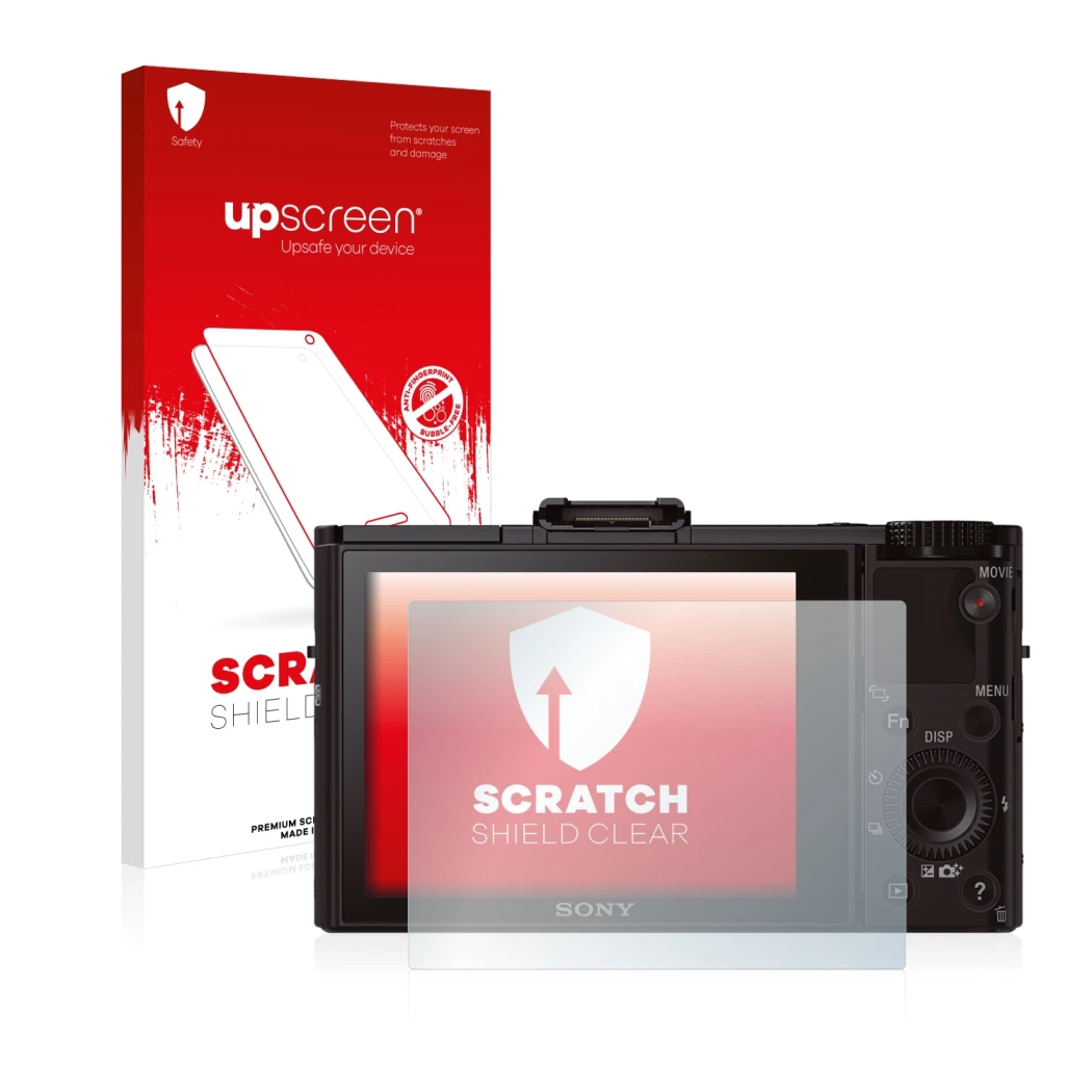 Face avant d’un emballage produit avec le logo de la marque upscreen. À côté, l’appareil Sony Cyber-Shot DSC-RX100 II est repr