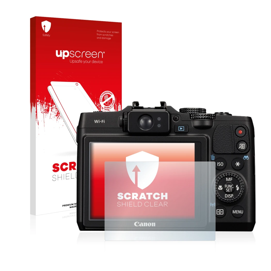 Face avant d’un emballage produit avec le logo de la marque upscreen. À côté, l’appareil Canon PowerShot G16 est représenté av