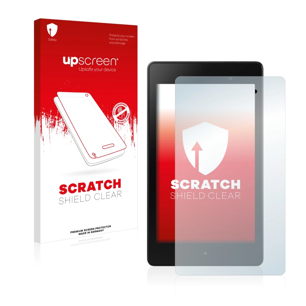 Face avant d’un emballage produit avec le logo de la marque upscreen. À côté, l’appareil ASUS Nexus 7 Tablet 2 2013 est représ
