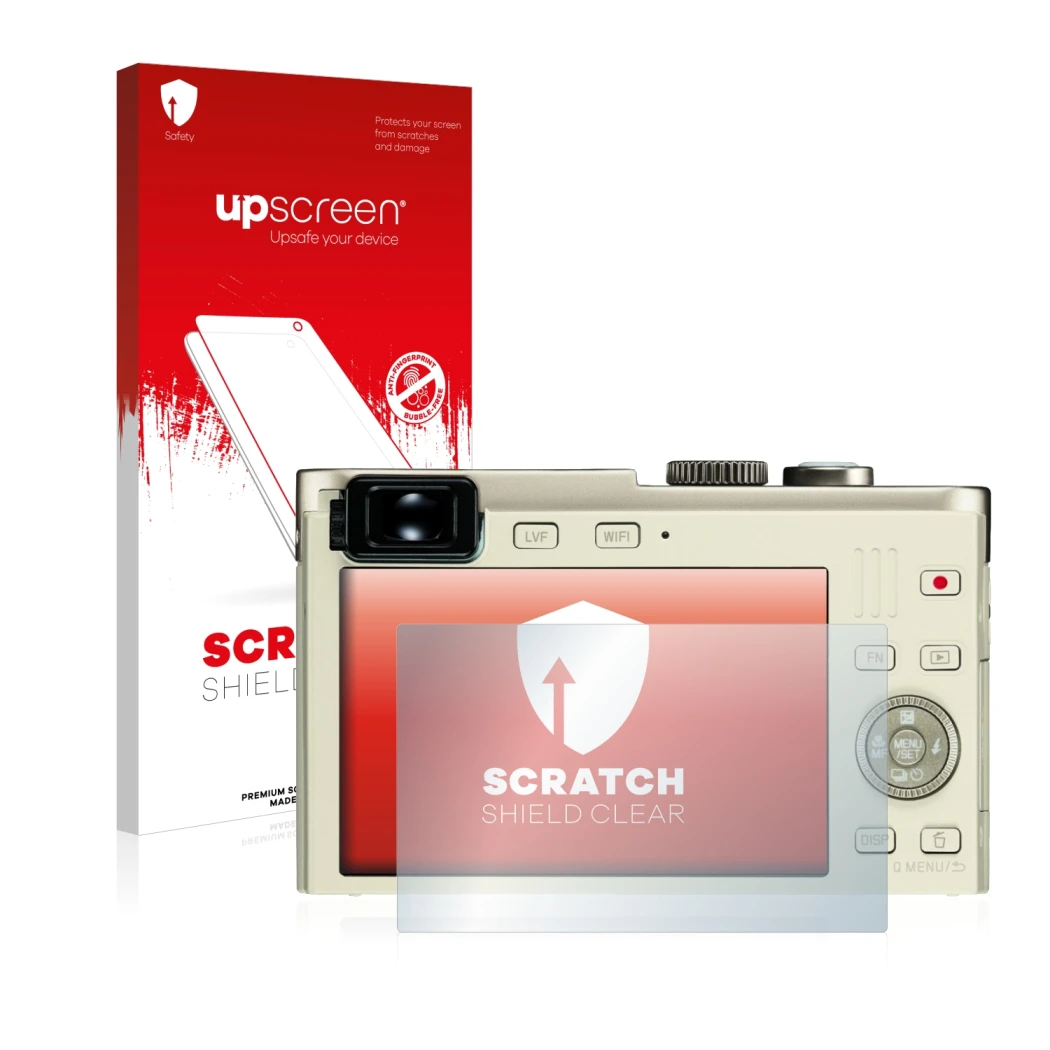Face avant d’un emballage produit avec le logo de la marque upscreen. À côté, l’appareil Leica C (Typ 112) est représenté avec