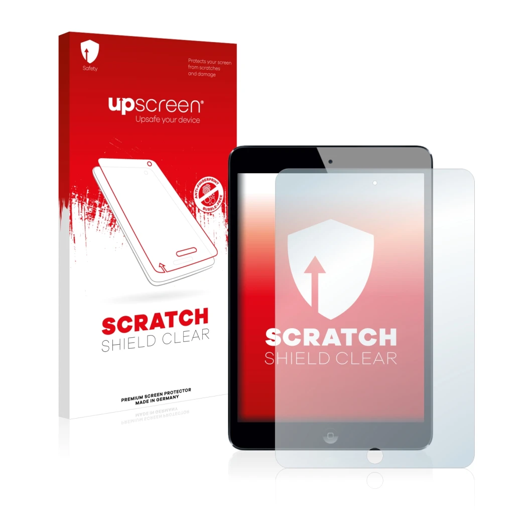Face avant d’un emballage produit avec le logo de la marque upscreen. À côté, l’appareil Apple iPad Mini 2 2013 est représenté