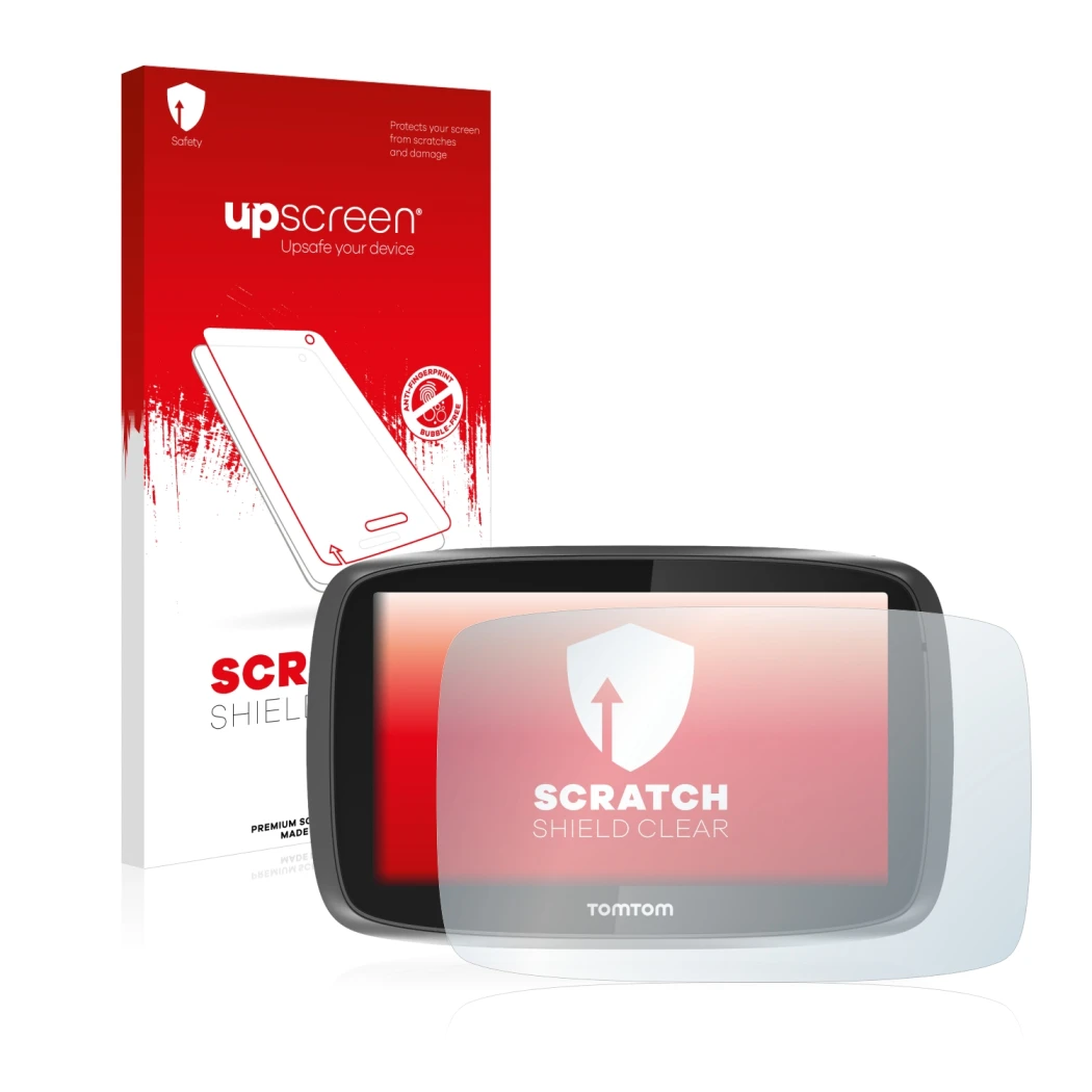 Face avant d’un emballage produit avec le logo de la marque upscreen. À côté, l’appareil TomTom GO 5000 est représenté avec la