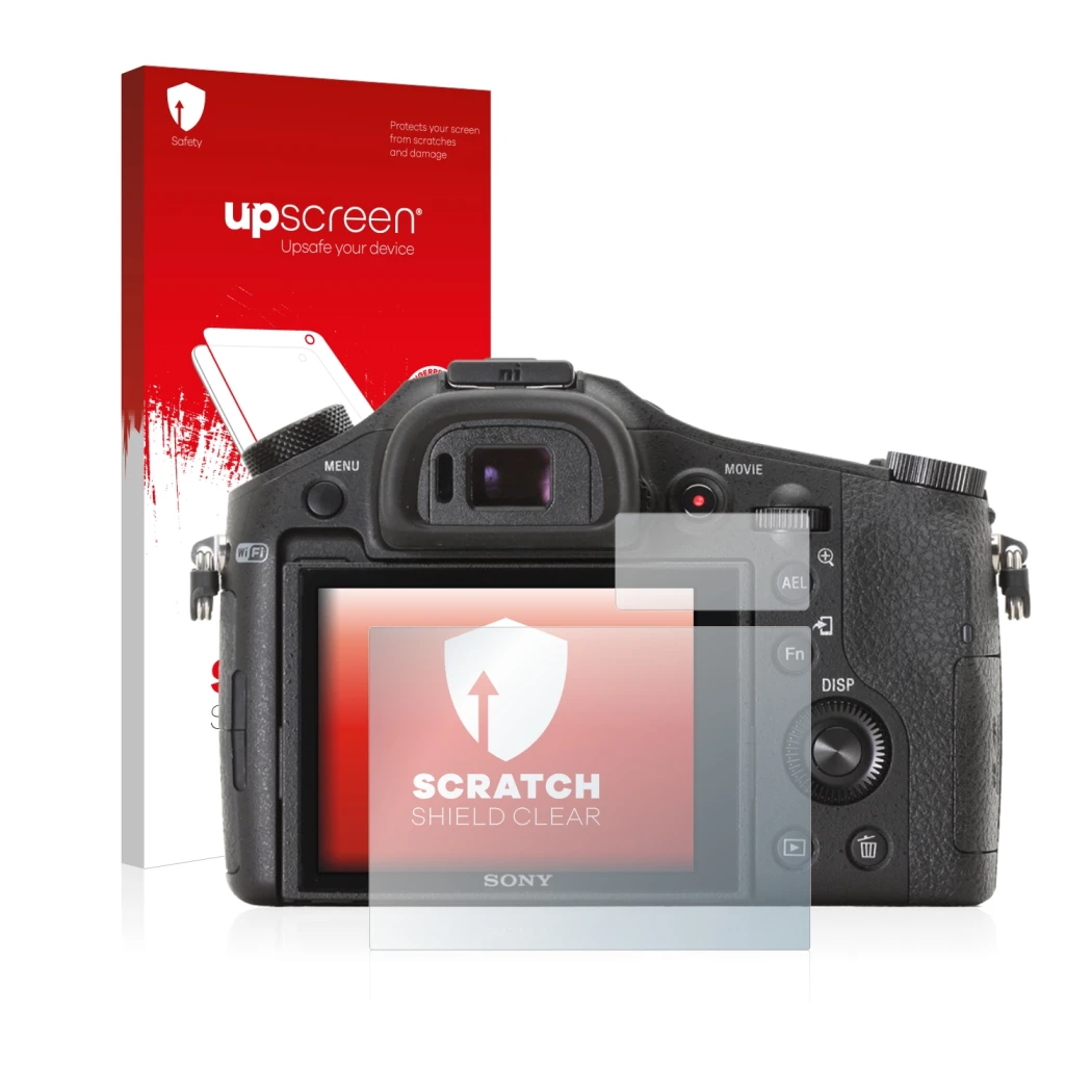 Face avant d’un emballage produit avec le logo de la marque upscreen. À côté, l’appareil Sony Cyber-Shot DSC-RX10 est représen