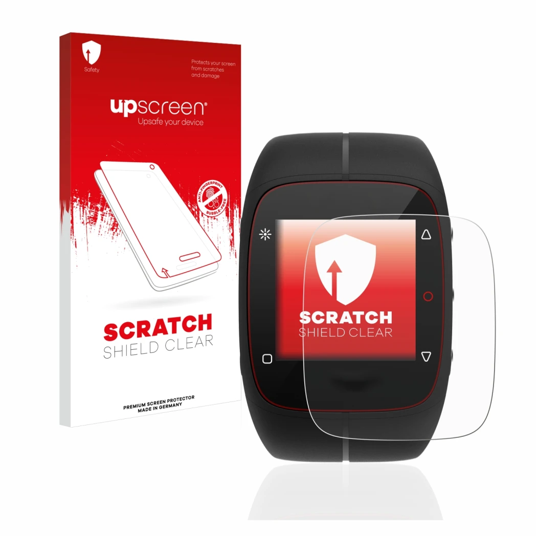 Face avant d’un emballage produit avec le logo de la marque upscreen. À côté, l’appareil Polar M400 est représenté avec la pro