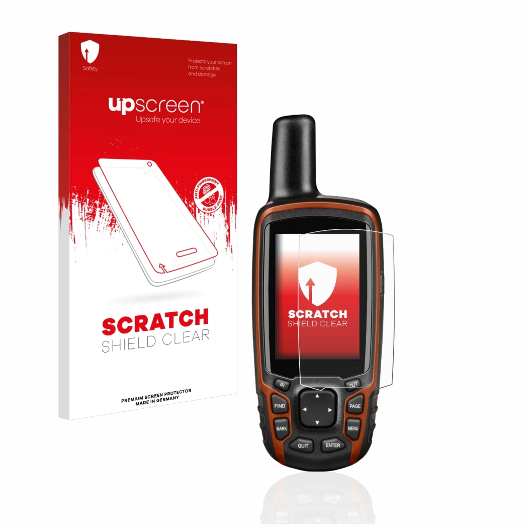 Face avant d’un emballage produit avec le logo de la marque upscreen. À côté, l’appareil Garmin GPSMAP 64s est représenté avec