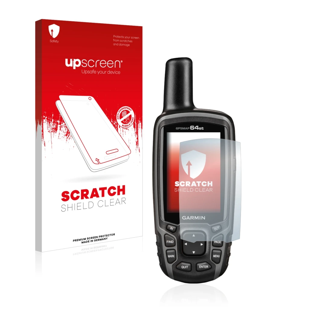 Face avant d’un emballage produit avec le logo de la marque upscreen. À côté, l’appareil Garmin GPSMAP 64st est représenté ave