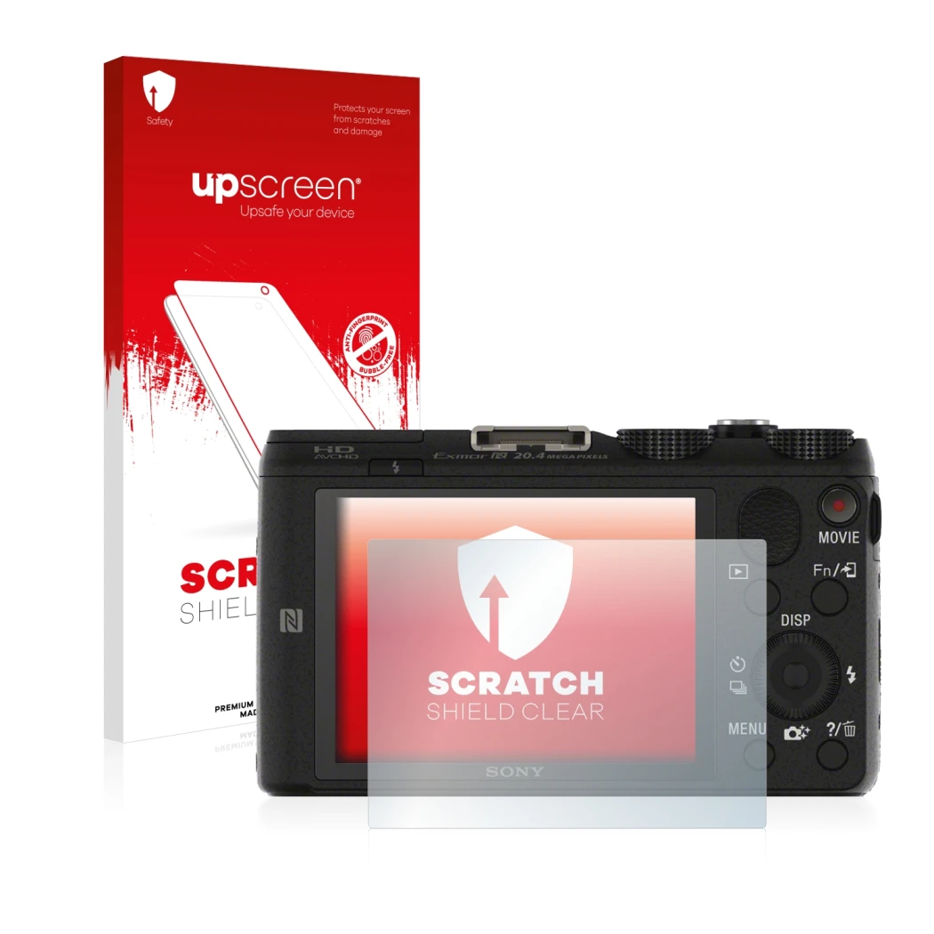 Face avant d’un emballage produit avec le logo de la marque upscreen. À côté, l’appareil Sony Cyber-Shot DSC-HX60V est représe