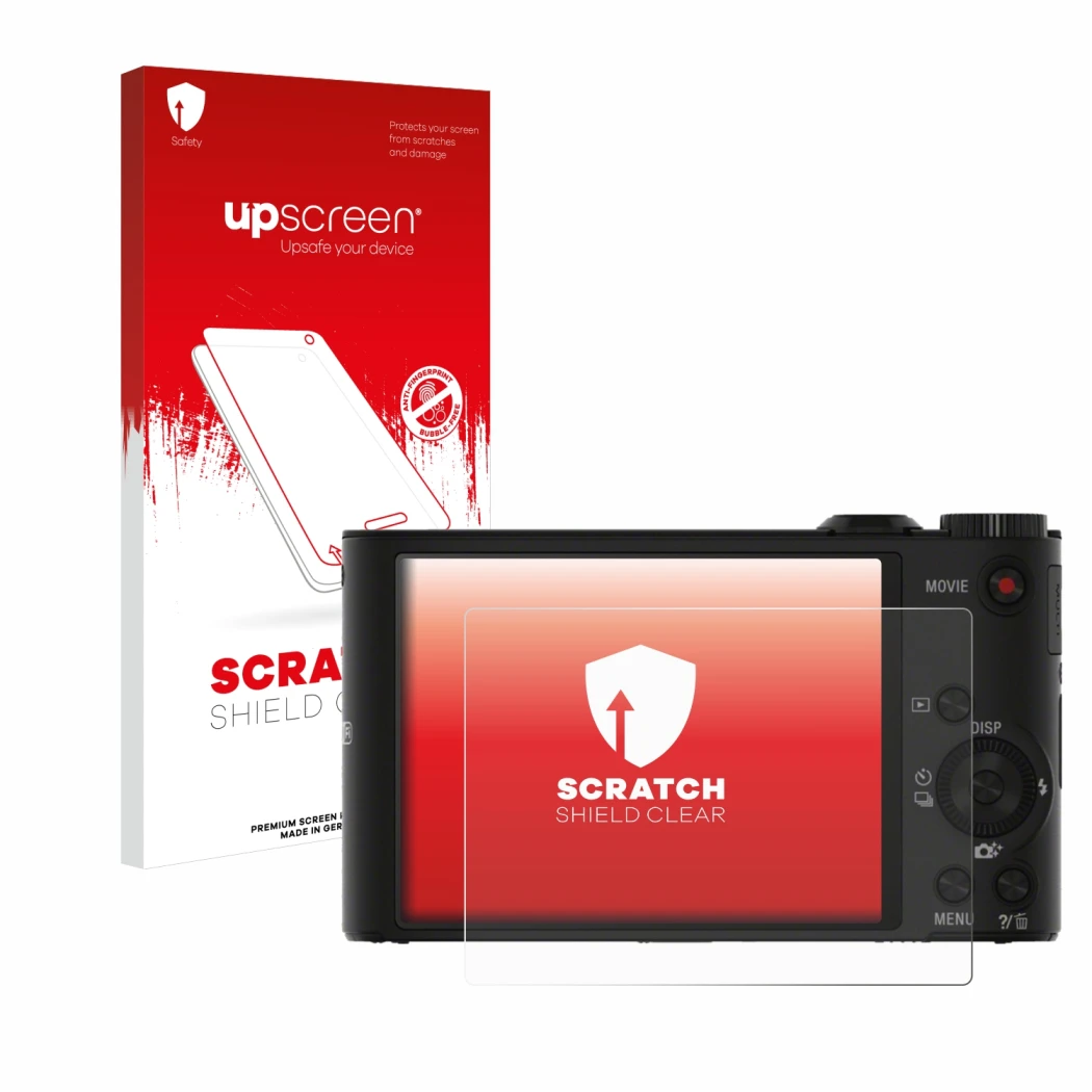 Face avant d’un emballage produit avec le logo de la marque upscreen. À côté, l’appareil Sony Cyber-Shot DSC-WX350 est représe