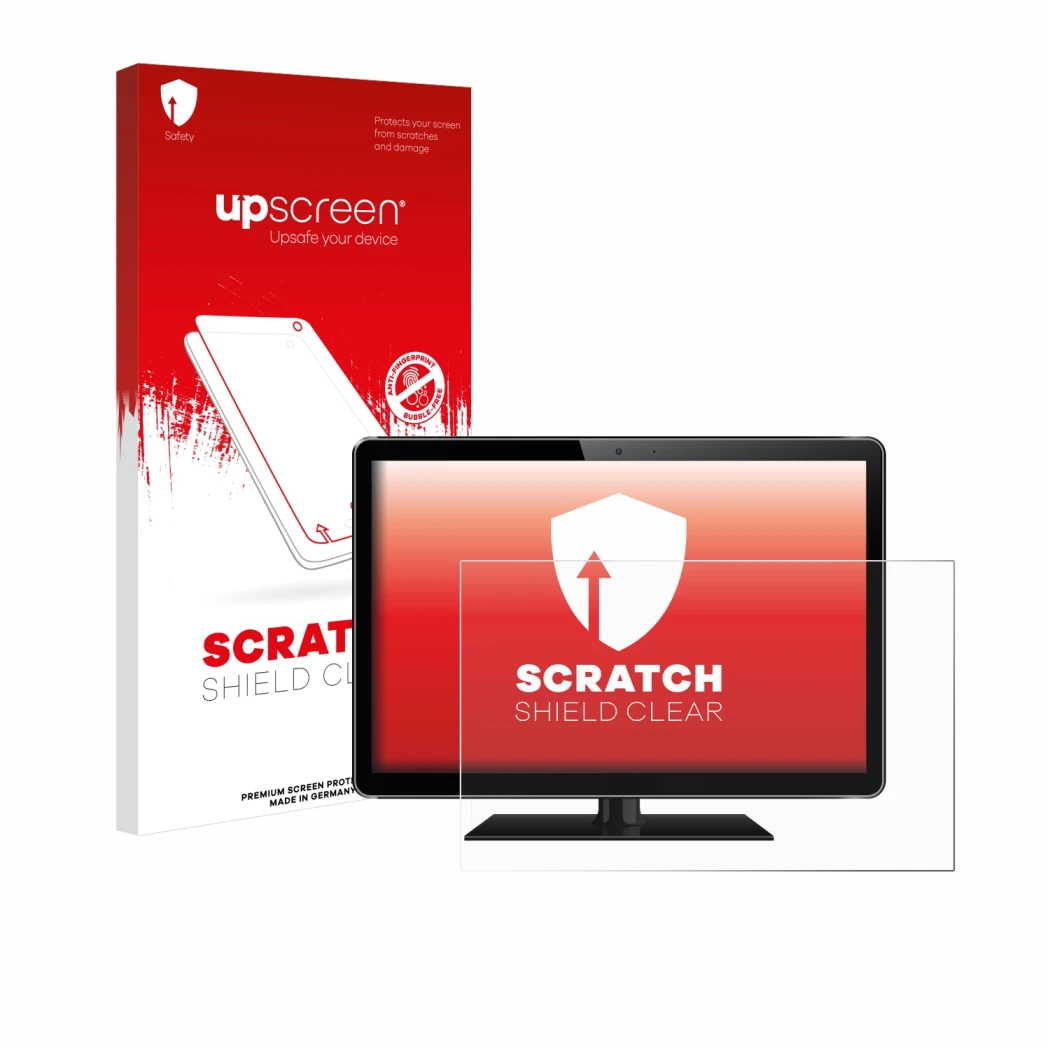 Face avant d’un emballage produit avec le logo de la marque upscreen. À côté, l’appareil est représenté avec la protection d’é