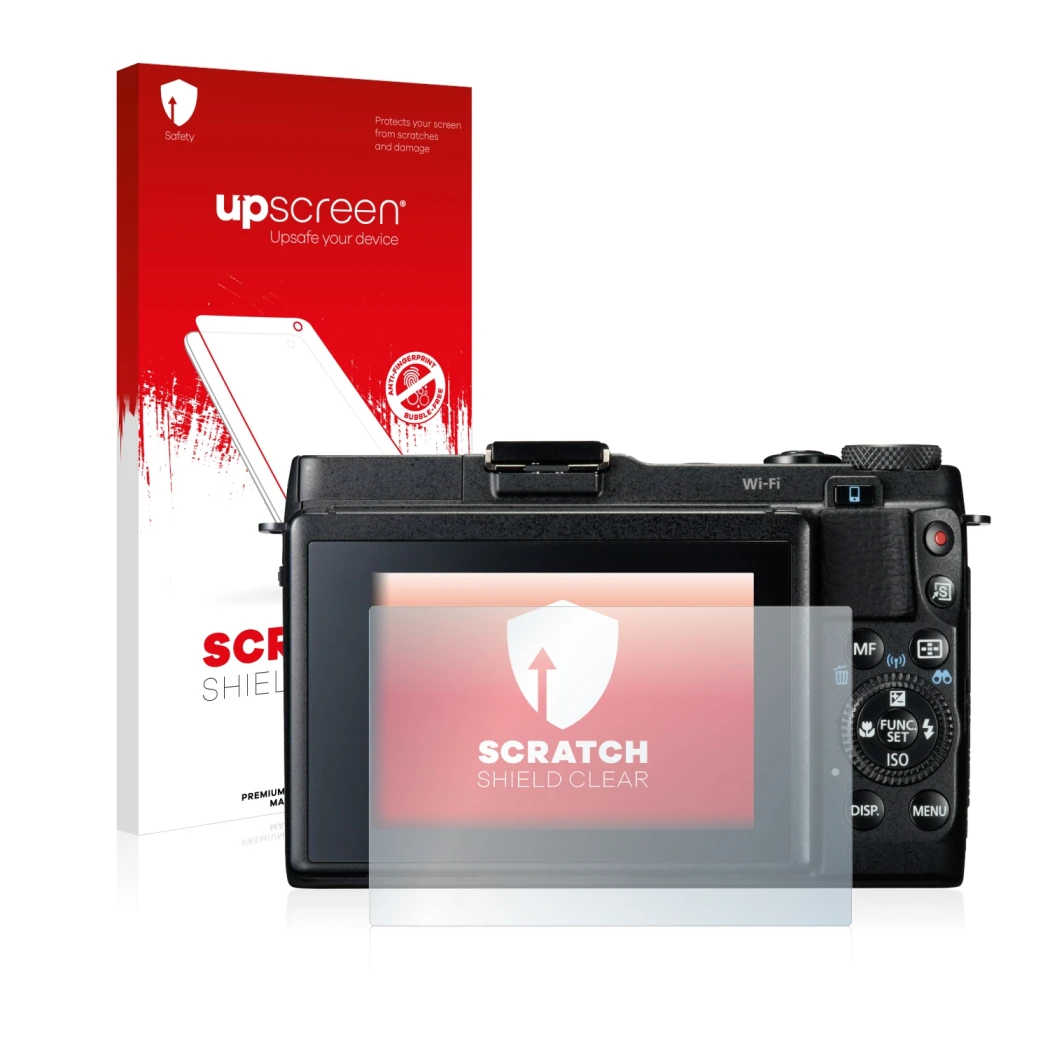 Face avant d’un emballage produit avec le logo de la marque upscreen. À côté, l’appareil Canon PowerShot G1 X Mark II est repr