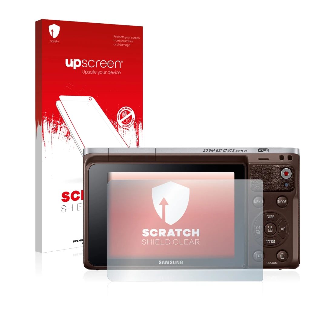 Face avant d’un emballage produit avec le logo de la marque upscreen. À côté, l’appareil Samsung NX Mini est représenté avec l