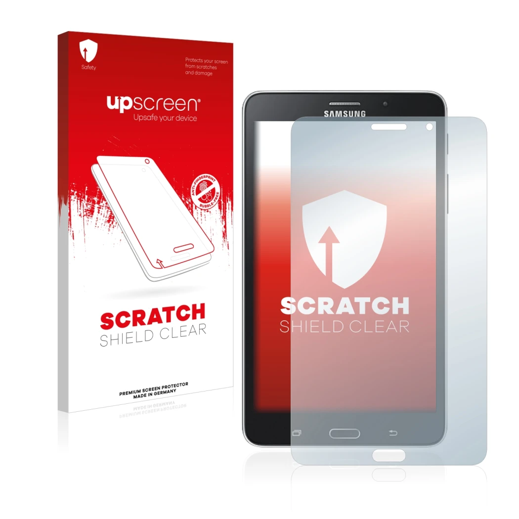 Face avant d’un emballage produit avec le logo de la marque upscreen. À côté, l’appareil Samsung Galaxy Tab Tab 4 7.0 LTE est 