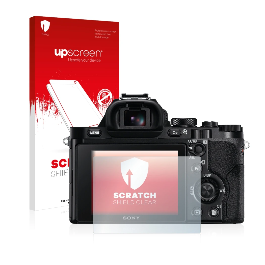 Face avant d’un emballage produit avec le logo de la marque upscreen. À côté, l’appareil Sony Alpha 7S est représenté avec la 