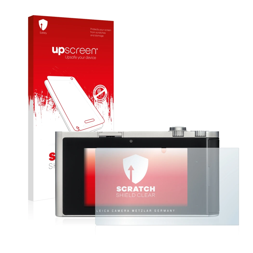 Face avant d’un emballage produit avec le logo de la marque upscreen. À côté, l’appareil Leica T (Typ 701) est représenté avec