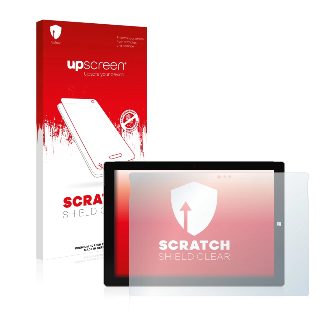 Face avant d’un emballage produit avec le logo de la marque upscreen. À côté, l’appareil Microsoft Surface Pro 3 est représent