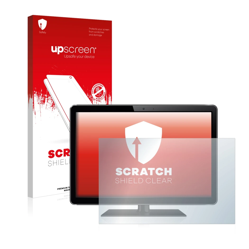 Face avant d’un emballage produit avec le logo de la marque upscreen. À côté, l’appareil est représenté avec la protection d’é