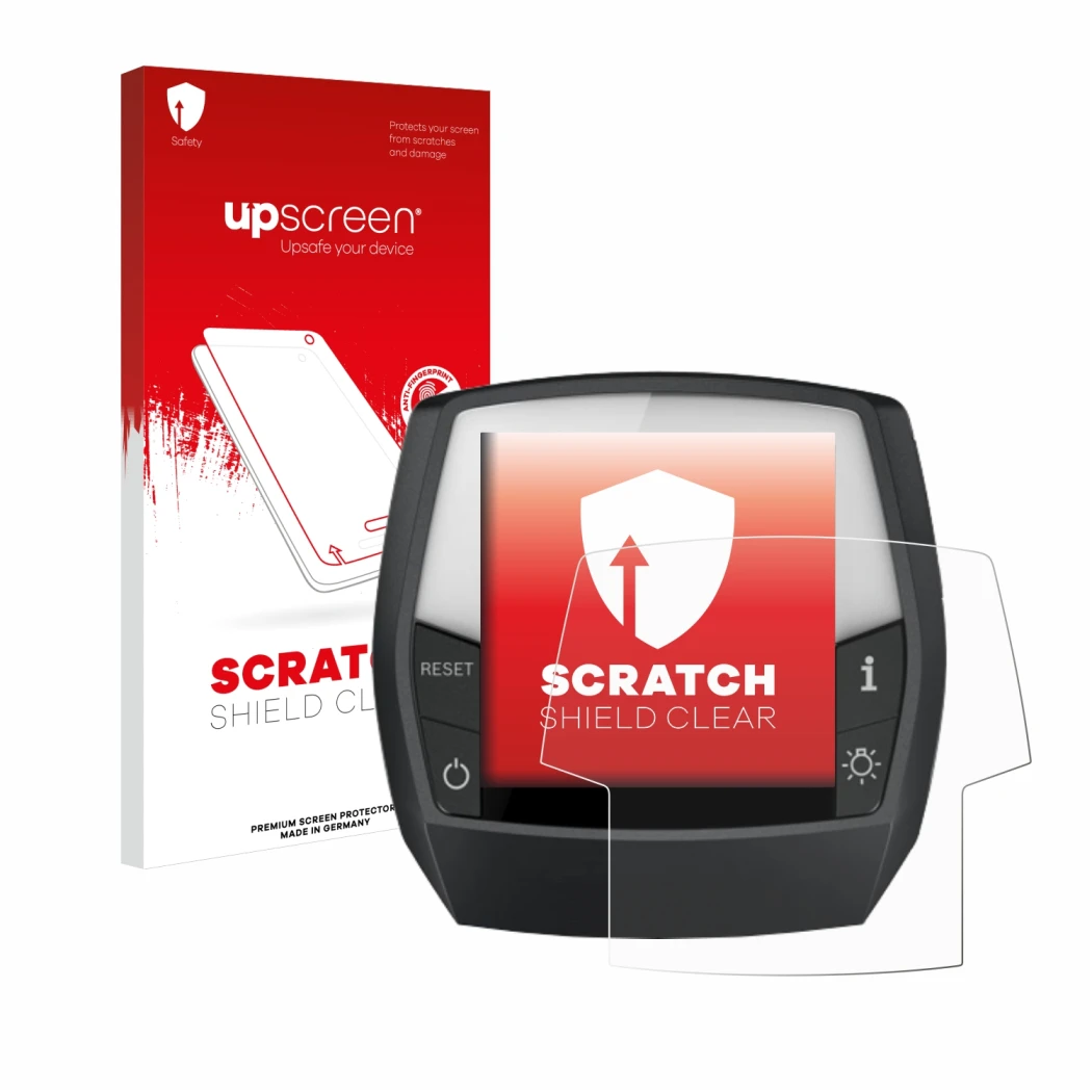 Face avant d’un emballage produit avec le logo de la marque upscreen. À côté, l’appareil Bosch Intuvia Active Line est représe